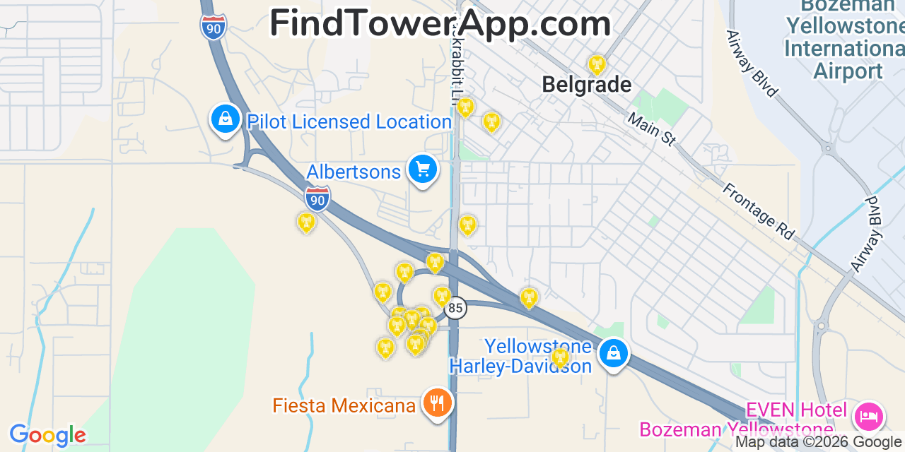Map showing the 20 primary cell tower locations detected in Belgrade, Montana from AT&T, Verizon, and T-Mobile networks