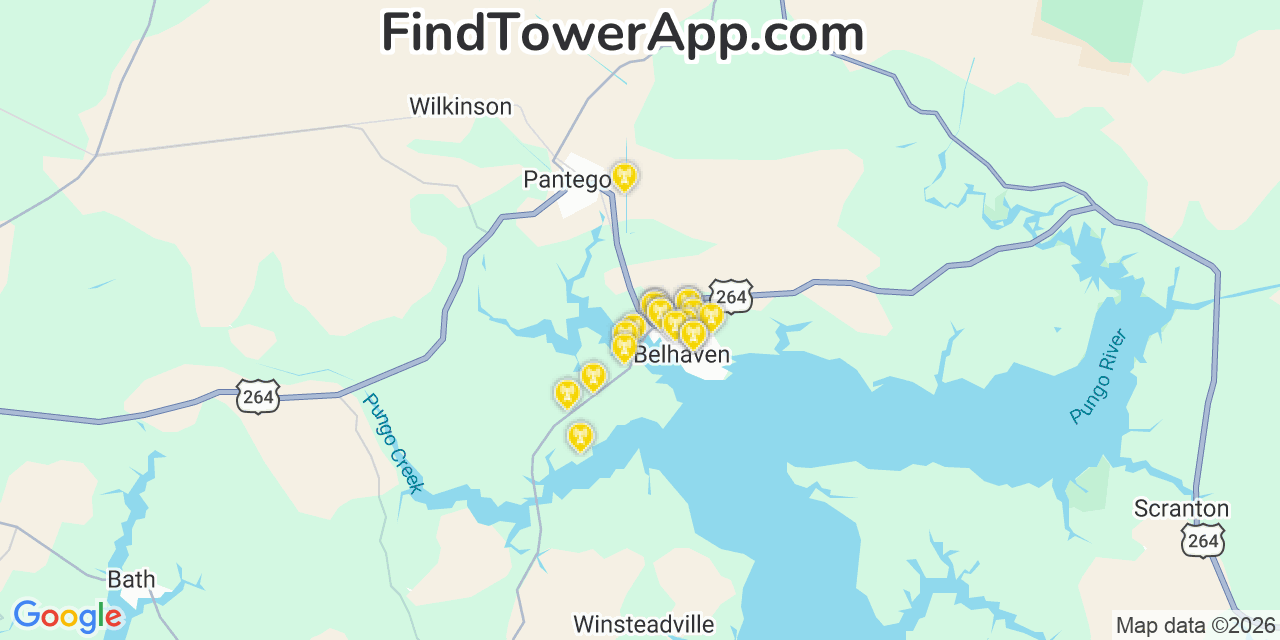 Map showing the 20 primary cell tower locations detected in Belhaven, North Carolina from AT&T, Verizon, and T-Mobile networks