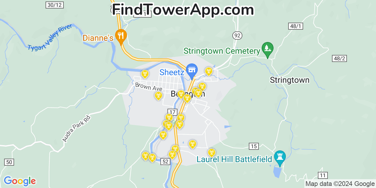 AT&T 4G/5G cell tower coverage map Belington, West Virginia