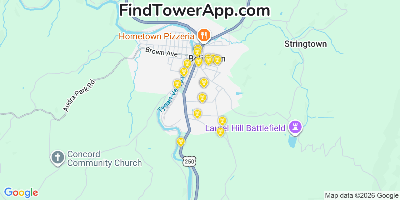 Map showing the 20 primary cell tower locations detected in Belington, West Virginia from AT&T, Verizon, and T-Mobile networks