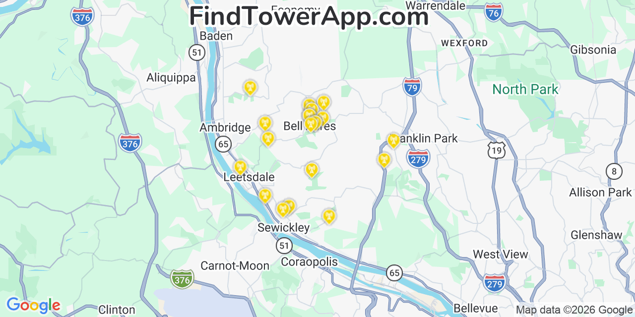 Map showing the 20 primary cell tower locations detected in Bell Acres, Pennsylvania from AT&T, Verizon, and T-Mobile networks