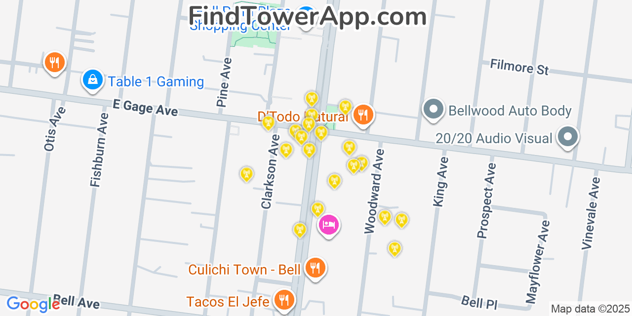 Map showing the 20 primary cell tower locations detected in Bell, California from AT&T, Verizon, and T-Mobile networks