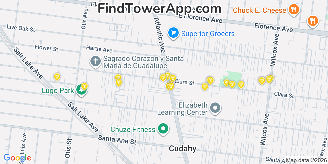 Map showing the 20 primary cell tower locations detected in Bell, California from AT&T, Verizon, and T-Mobile networks