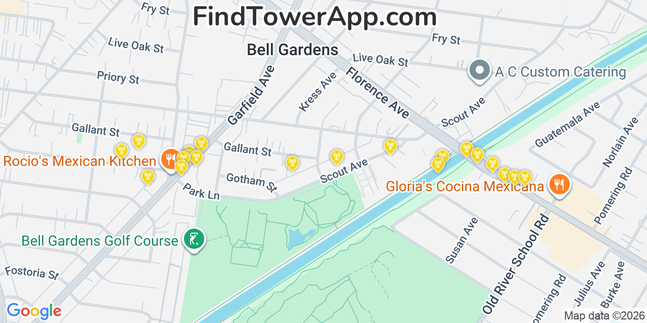 Map showing the 20 primary cell tower locations detected in Bell Gardens, California from AT&T, Verizon, and T-Mobile networks