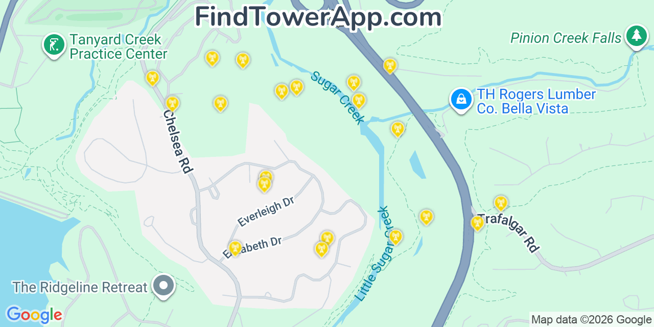 Map showing the 20 primary cell tower locations detected in Bella Vista, Arkansas from AT&T, Verizon, and T-Mobile networks