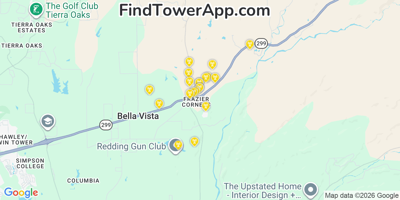 Map showing the 20 primary cell tower locations detected in Bella Vista, California from AT&T, Verizon, and T-Mobile networks