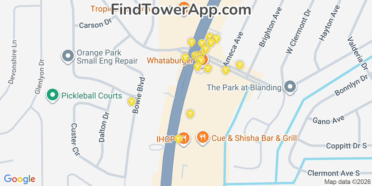 Map showing the 20 primary cell tower locations detected in Bellair Meadowbrook Terrace, Florida from AT&T, Verizon, and T-Mobile networks