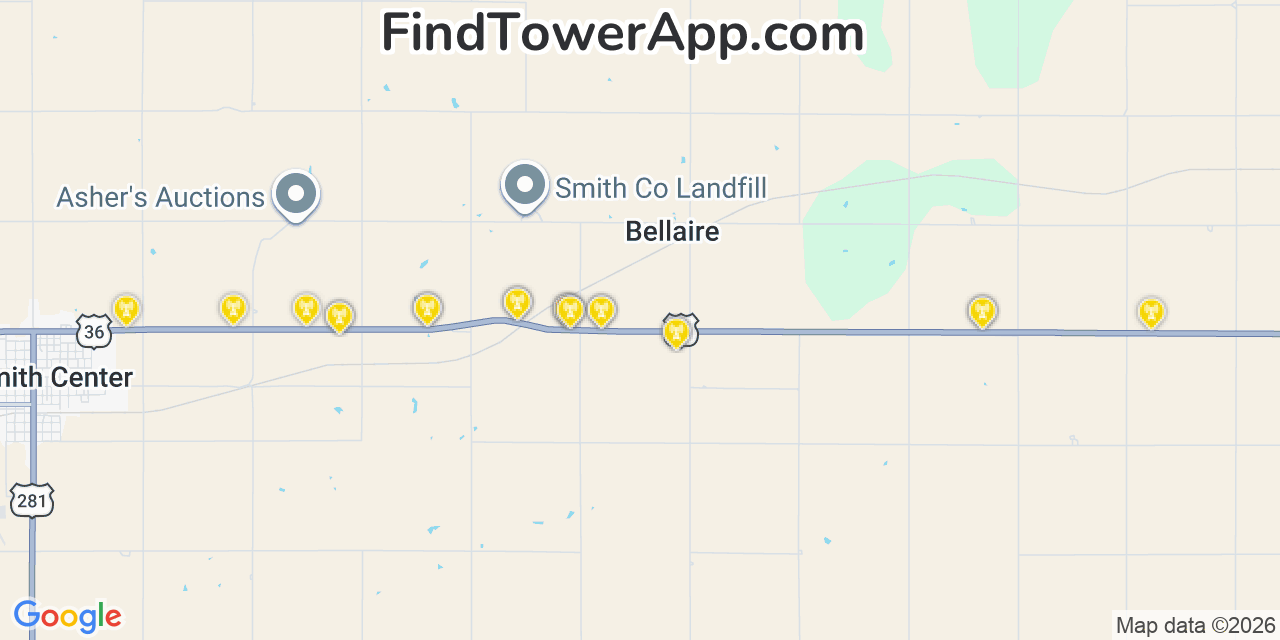 Map showing the 20 primary cell tower locations detected in Bellaire, Kansas from AT&T, Verizon, and T-Mobile networks