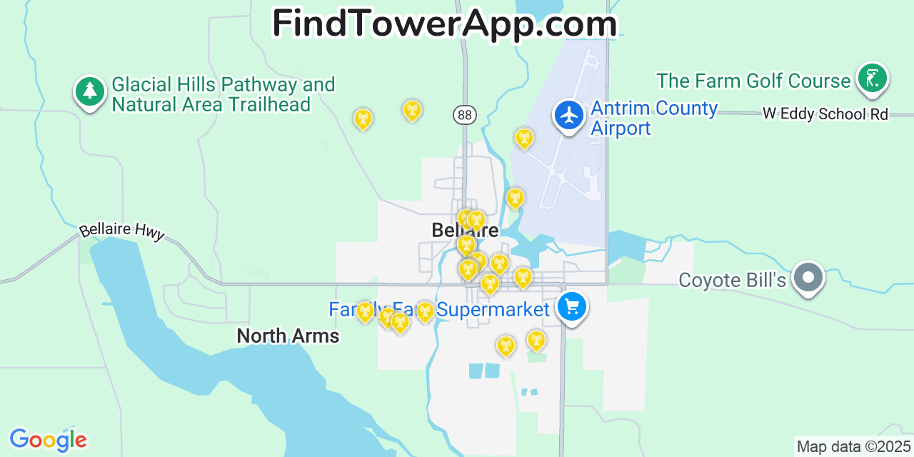 Map showing the 20 primary cell tower locations detected in Bellaire, Michigan from AT&T, Verizon, and T-Mobile networks