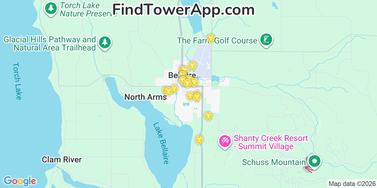 Map showing the 20 primary cell tower locations detected in Bellaire, Michigan from AT&T, Verizon, and T-Mobile networks