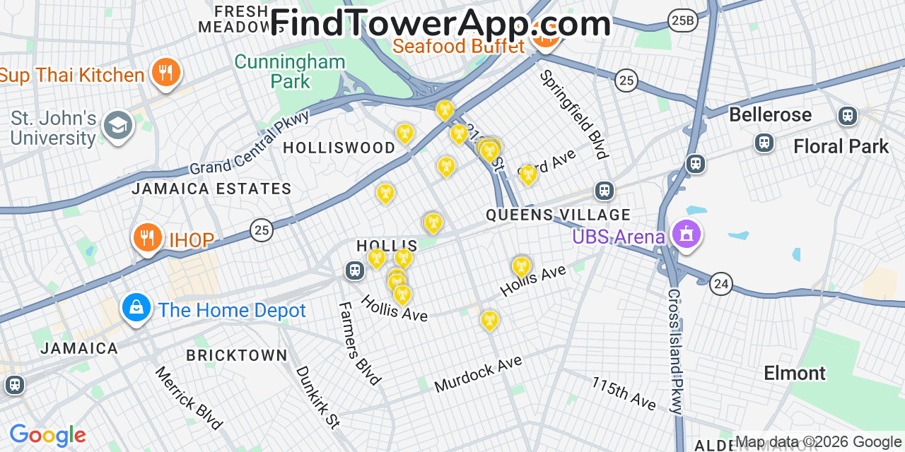 Map showing the 20 primary cell tower locations detected in Bellaire, New York from AT&T, Verizon, and T-Mobile networks