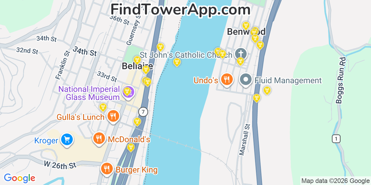 Map showing the 20 primary cell tower locations detected in Bellaire, Ohio from AT&T, Verizon, and T-Mobile networks