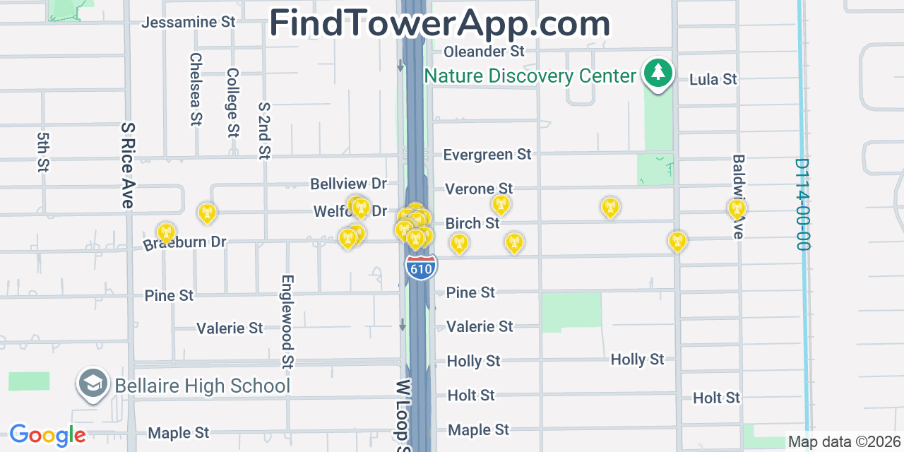 Map showing the 20 primary cell tower locations detected in Bellaire, Texas from AT&T, Verizon, and T-Mobile networks