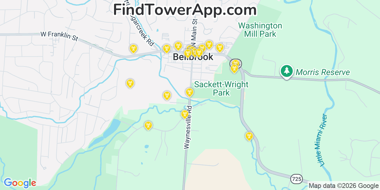 Map showing the 20 primary cell tower locations detected in Bellbrook, Ohio from AT&T, Verizon, and T-Mobile networks