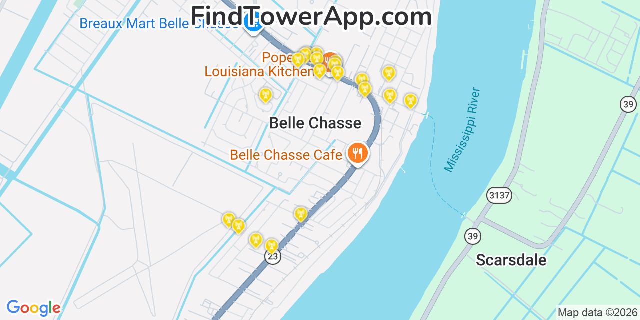 Map showing the 20 primary cell tower locations detected in Belle Chasse, Louisiana from AT&T, Verizon, and T-Mobile networks