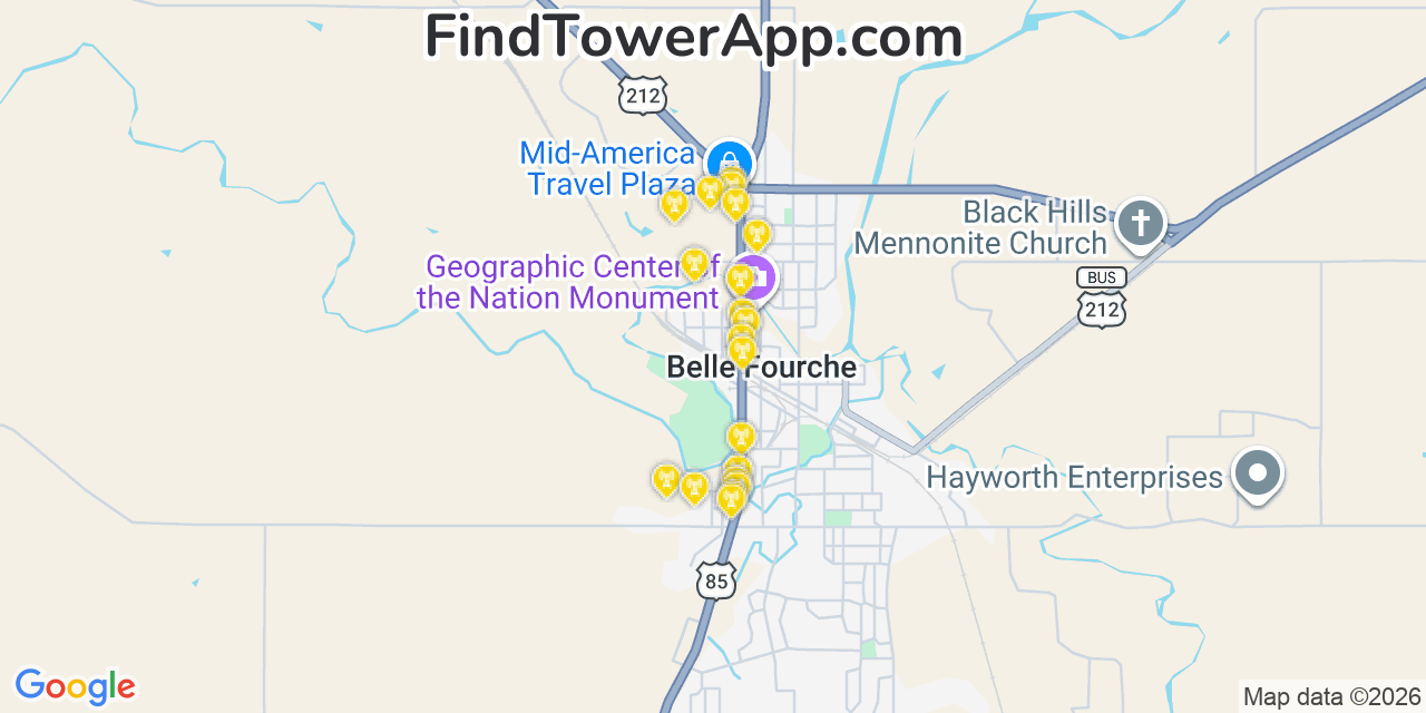Map showing the 20 primary cell tower locations detected in Belle Fourche, South Dakota from AT&T, Verizon, and T-Mobile networks
