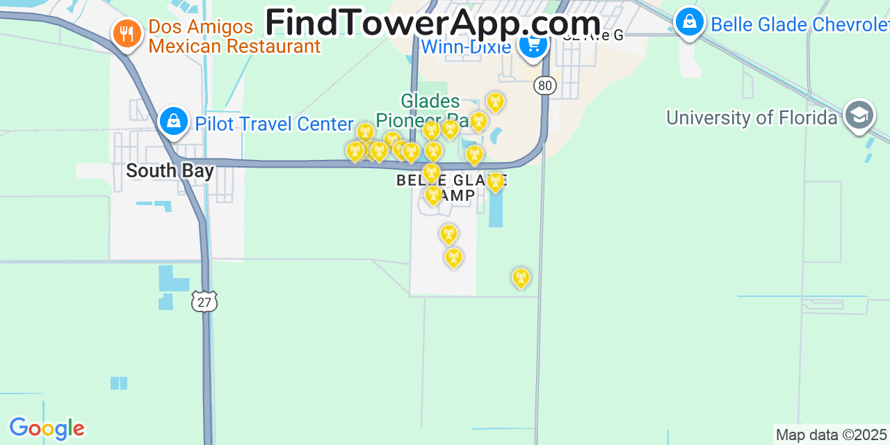Map showing the 20 primary cell tower locations detected in Belle Glade Camp, Florida from AT&T, Verizon, and T-Mobile networks