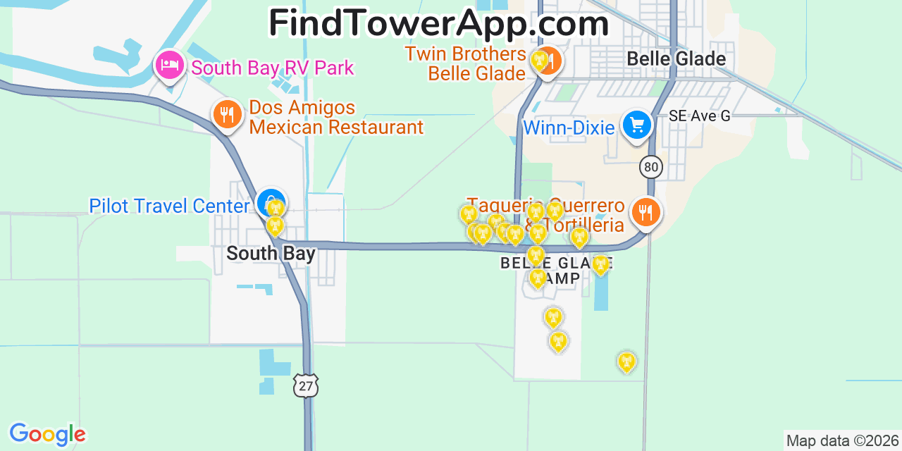 Map showing the 20 primary cell tower locations detected in Belle Glade Camp, Florida from AT&T, Verizon, and T-Mobile networks