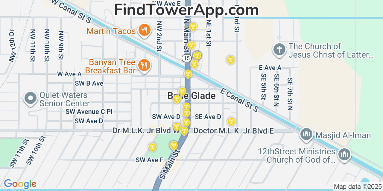 Map showing the 20 primary cell tower locations detected in Belle Glade, Florida from AT&T, Verizon, and T-Mobile networks