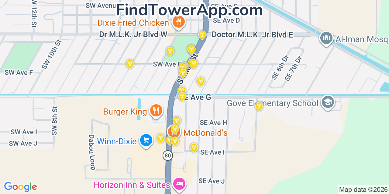 Map showing the 20 primary cell tower locations detected in Belle Glade, Florida from AT&T, Verizon, and T-Mobile networks