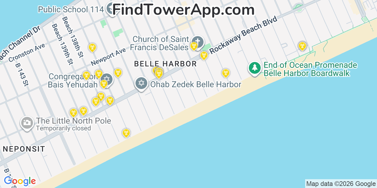 Map showing the 20 primary cell tower locations detected in Belle Harbor, New York from AT&T, Verizon, and T-Mobile networks