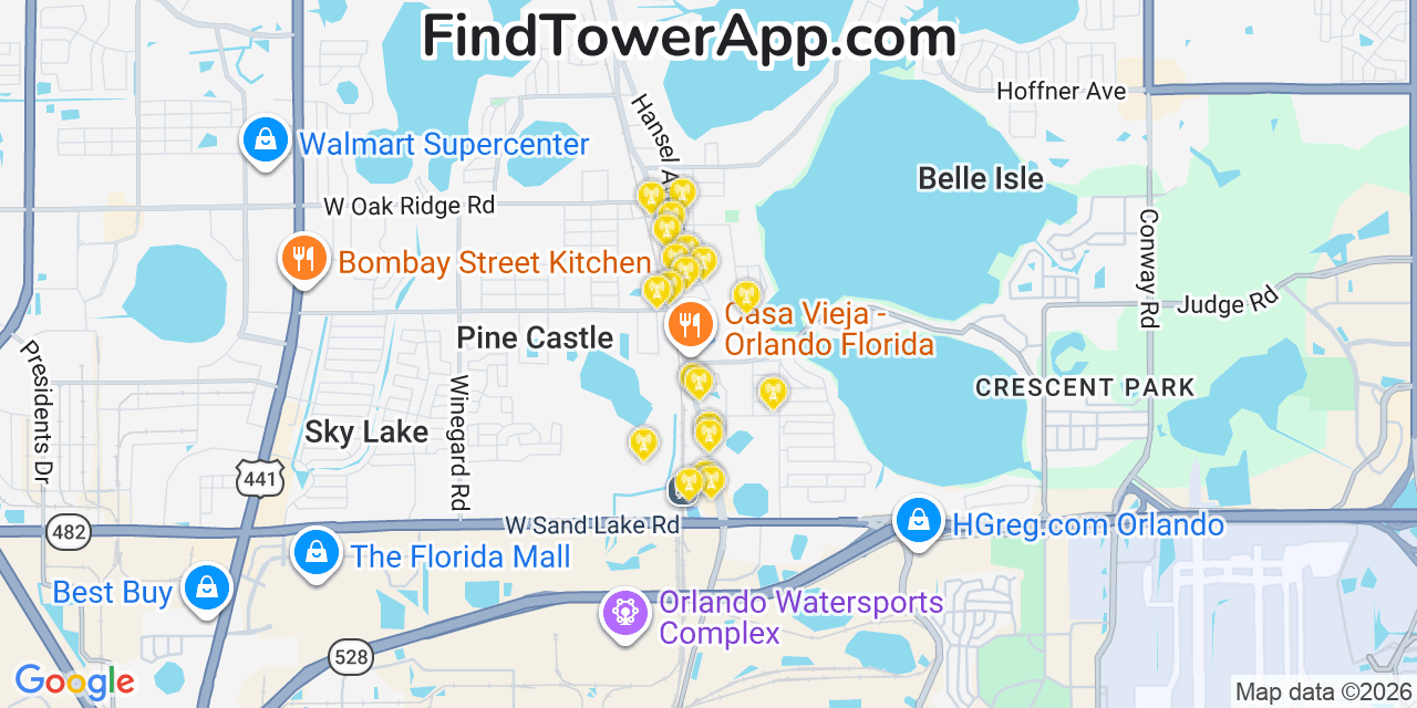 Map showing the 20 primary cell tower locations detected in Belle Isle, Florida from AT&T, Verizon, and T-Mobile networks