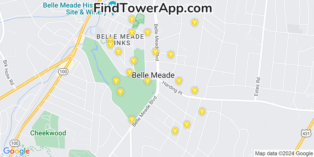 AT&T 4G/5G cell tower coverage map Belle Meade, Tennessee