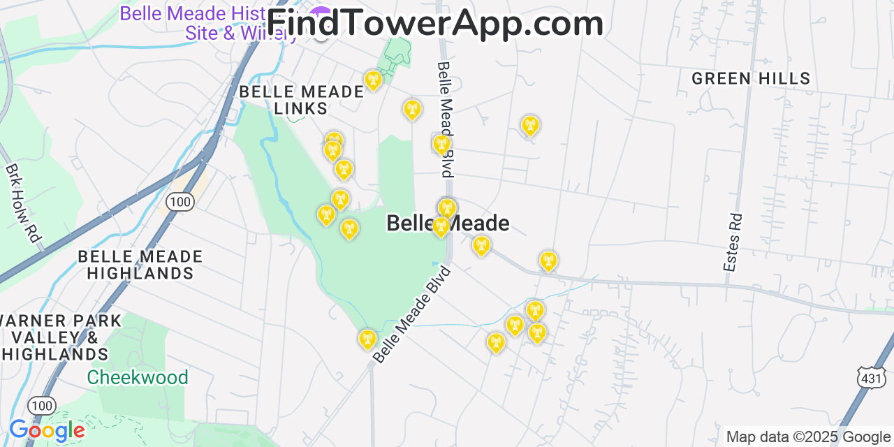 Map showing the 20 primary cell tower locations detected in Belle Meade, Tennessee from AT&T, Verizon, and T-Mobile networks