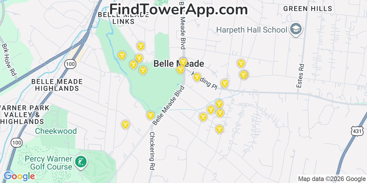 Map showing the 20 primary cell tower locations detected in Belle Meade, Tennessee from AT&T, Verizon, and T-Mobile networks