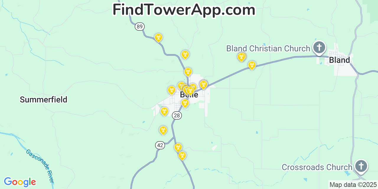 Map showing the 20 primary cell tower locations detected in Belle, Missouri from AT&T, Verizon, and T-Mobile networks