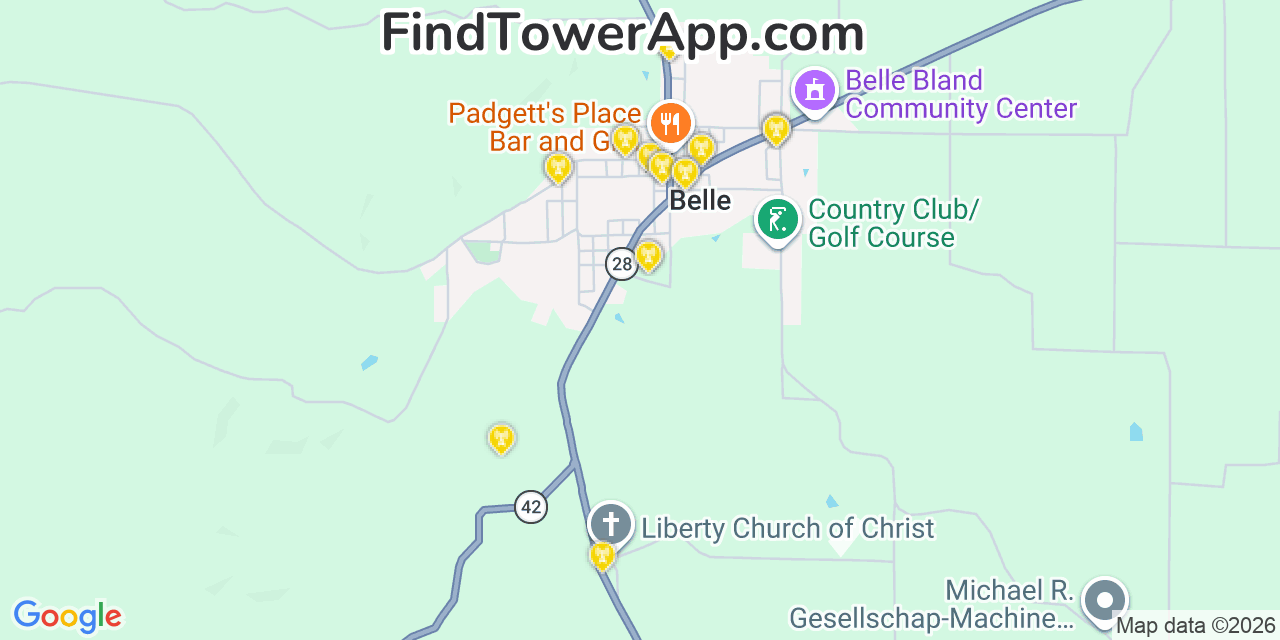 Map showing the 20 primary cell tower locations detected in Belle, Missouri from AT&T, Verizon, and T-Mobile networks
