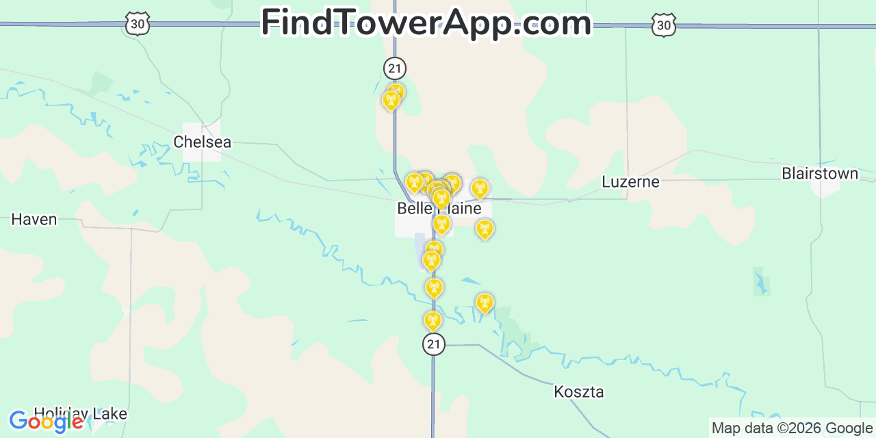 Map showing the 20 primary cell tower locations detected in Belle Plaine, Iowa from AT&T, Verizon, and T-Mobile networks