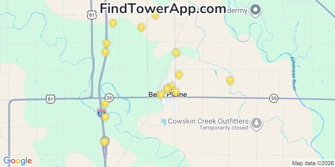 Map showing the 20 primary cell tower locations detected in Belle Plaine, Kansas from AT&T, Verizon, and T-Mobile networks