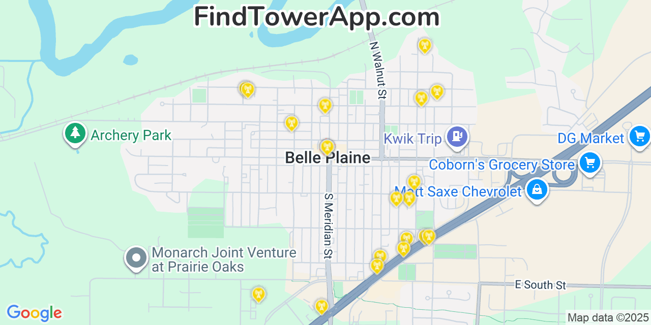Map showing the 20 primary cell tower locations detected in Belle Plaine, Minnesota from AT&T, Verizon, and T-Mobile networks