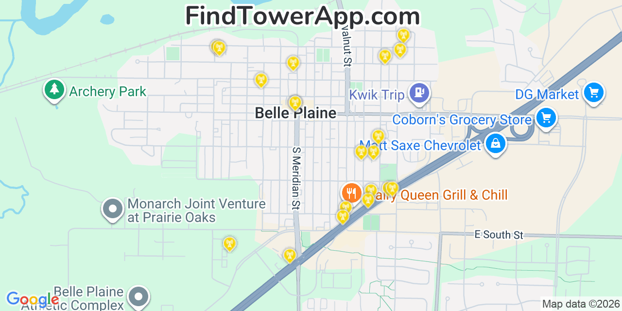 Map showing the 20 primary cell tower locations detected in Belle Plaine, Minnesota from AT&T, Verizon, and T-Mobile networks