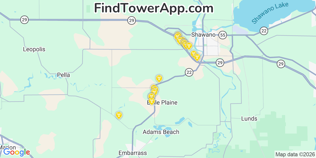 Map showing the 20 primary cell tower locations detected in Belle Plaine, Wisconsin from AT&T, Verizon, and T-Mobile networks