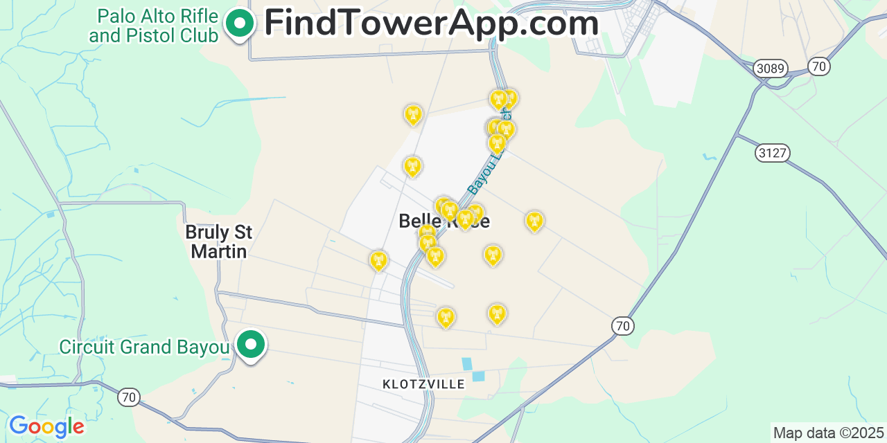 Map showing the 20 primary cell tower locations detected in Belle Rose, Louisiana from AT&T, Verizon, and T-Mobile networks