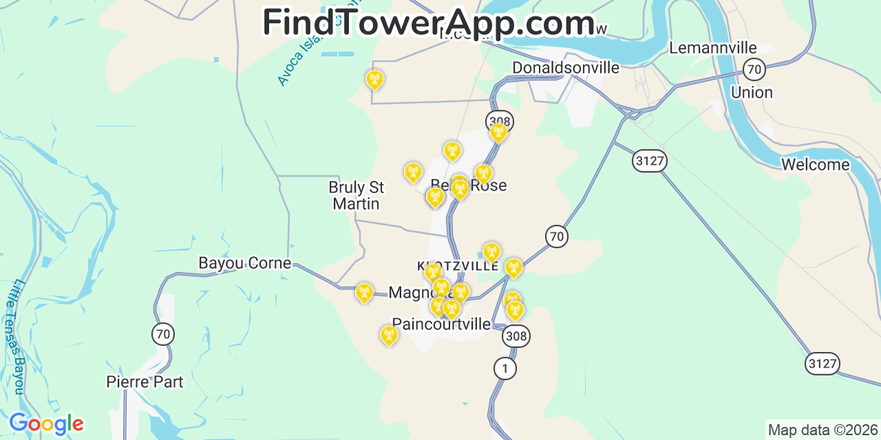 Map showing the 20 primary cell tower locations detected in Belle Rose, Louisiana from AT&T, Verizon, and T-Mobile networks