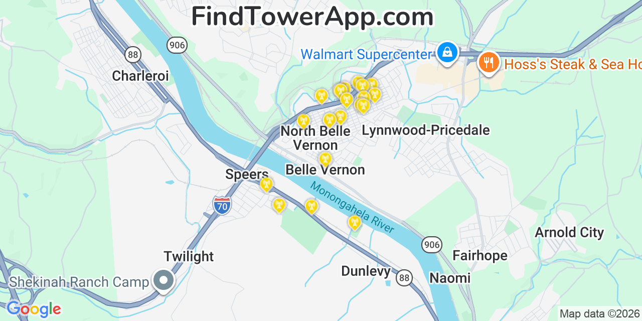 Map showing the 20 primary cell tower locations detected in Belle Vernon, Pennsylvania from AT&T, Verizon, and T-Mobile networks