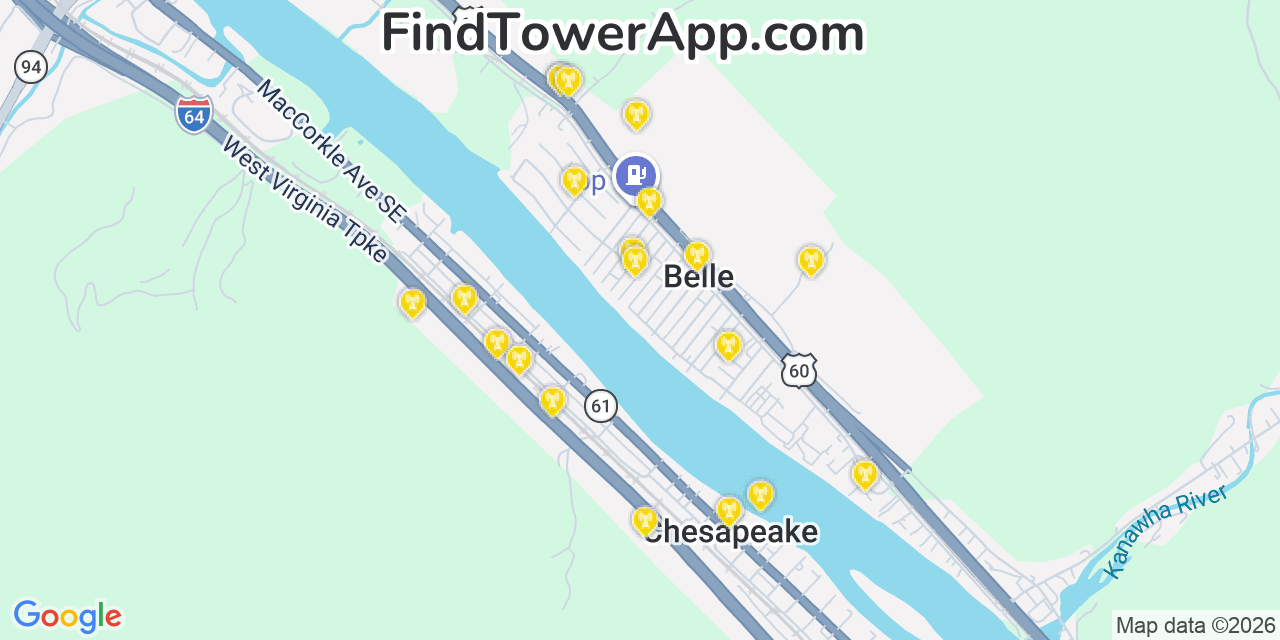 Map showing the 20 primary cell tower locations detected in Belle, West Virginia from AT&T, Verizon, and T-Mobile networks