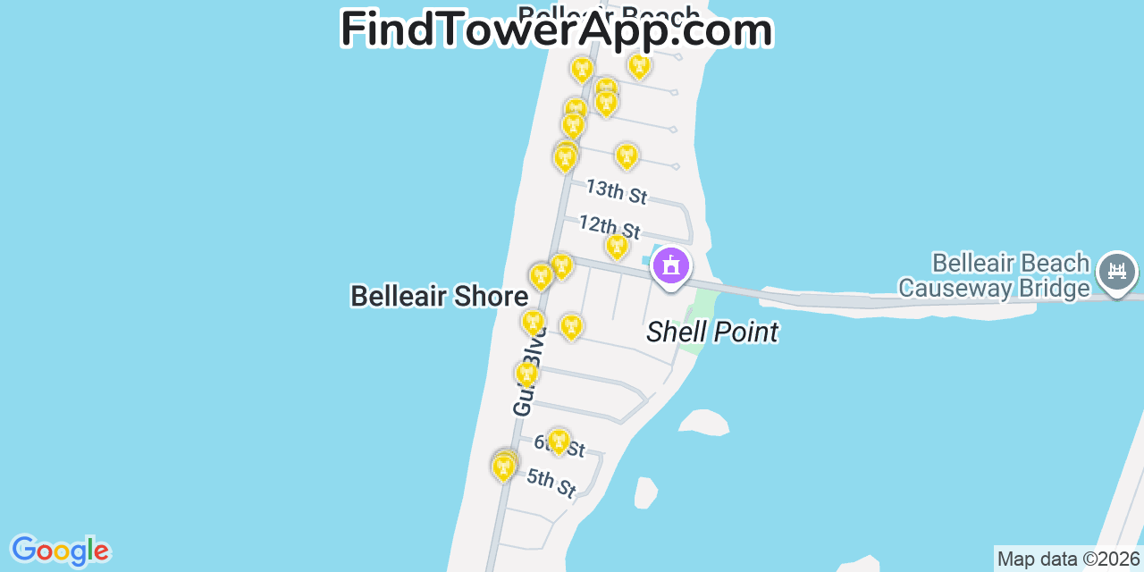 Map showing the 20 primary cell tower locations detected in Belleair Beach, Florida from AT&T, Verizon, and T-Mobile networks