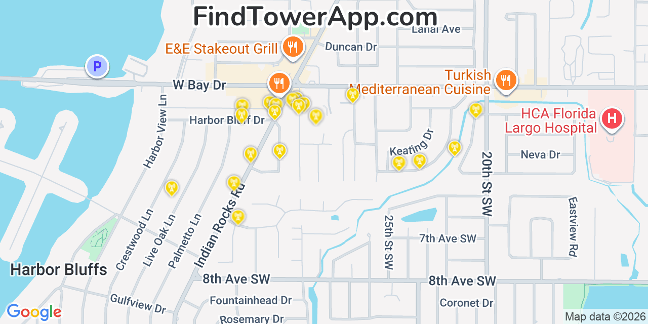 Map showing the 20 primary cell tower locations detected in Belleair Bluffs, Florida from AT&T, Verizon, and T-Mobile networks