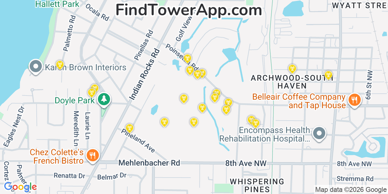 Map showing the 20 primary cell tower locations detected in Belleair, Florida from AT&T, Verizon, and T-Mobile networks