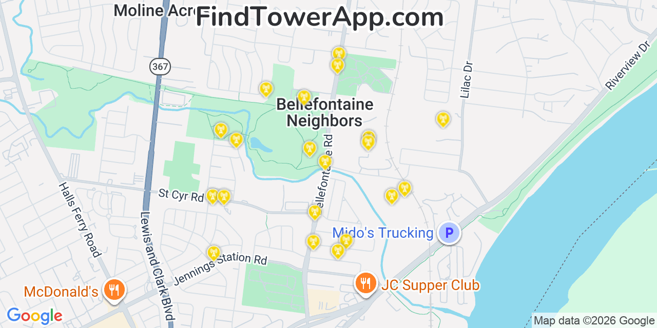 Map showing the 20 primary cell tower locations detected in Bellefontaine Neighbors, Missouri from AT&T, Verizon, and T-Mobile networks
