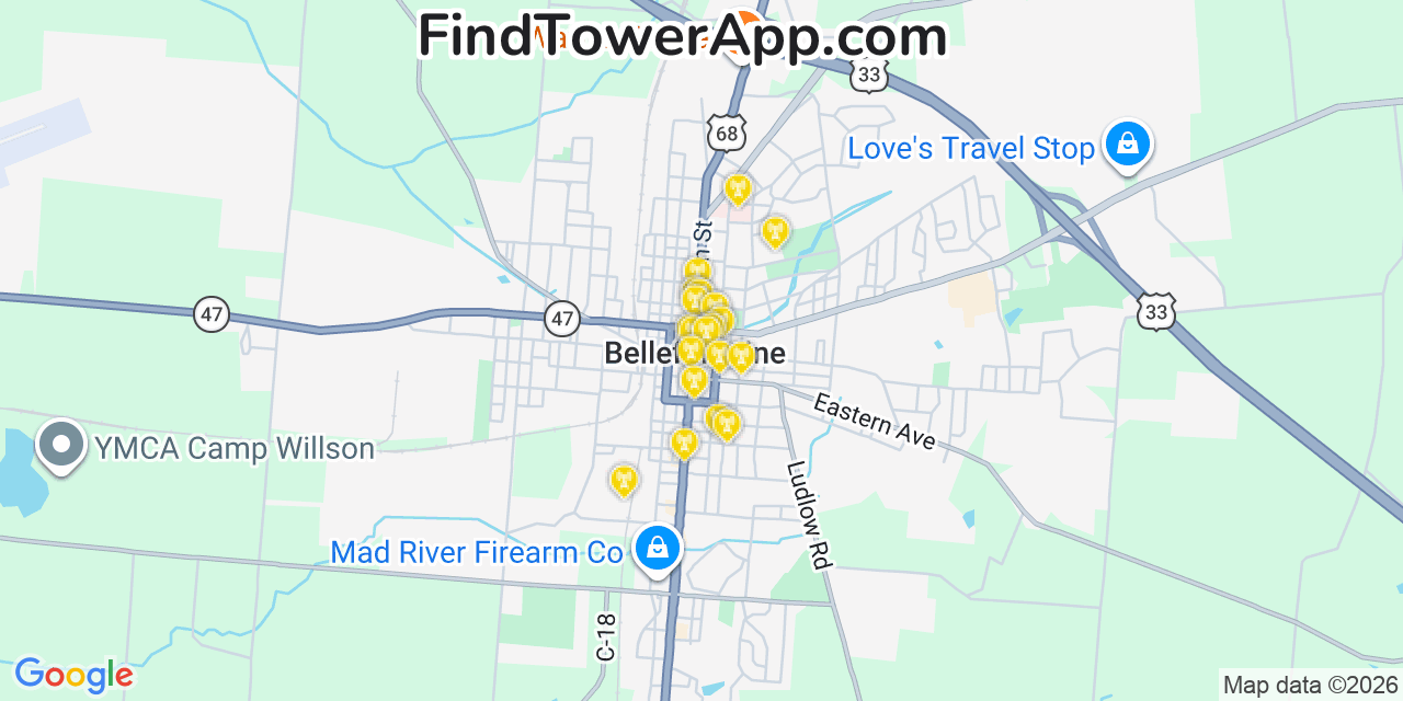 Map showing the 20 primary cell tower locations detected in Bellefontaine, Ohio from AT&T, Verizon, and T-Mobile networks