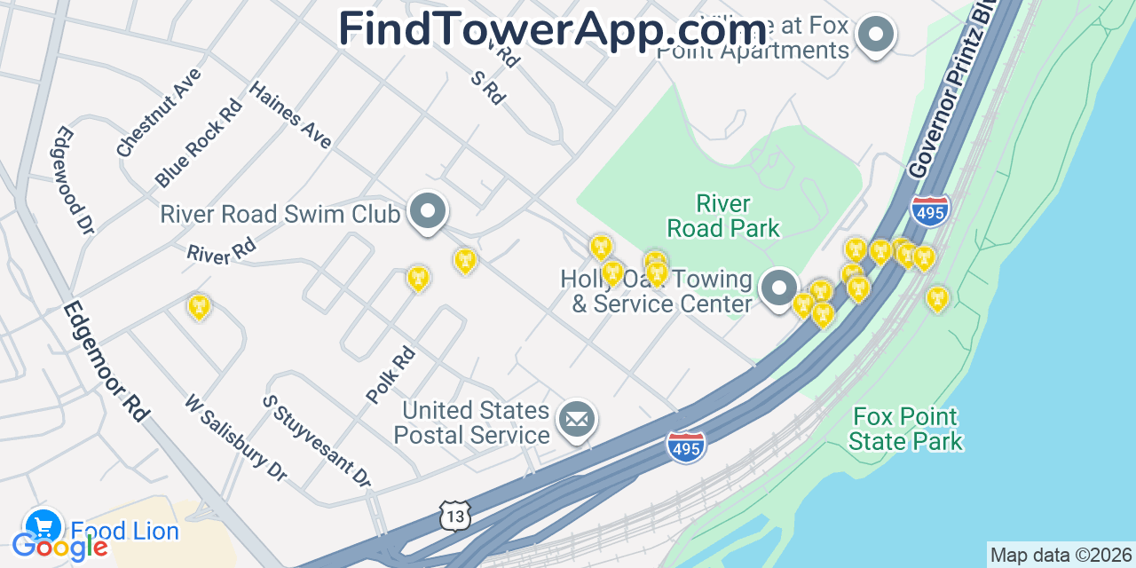 Map showing the 20 primary cell tower locations detected in Bellefonte, Delaware from AT&T, Verizon, and T-Mobile networks
