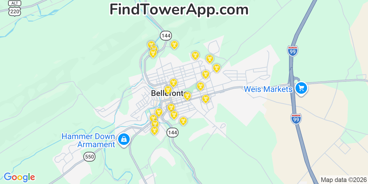 Map showing the 20 primary cell tower locations detected in Bellefonte, Pennsylvania from AT&T, Verizon, and T-Mobile networks