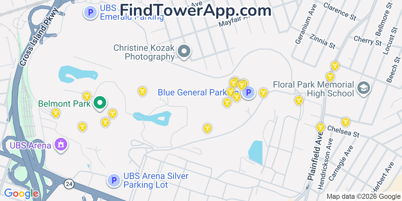 Map showing the 20 primary cell tower locations detected in Bellerose, New York from AT&T, Verizon, and T-Mobile networks