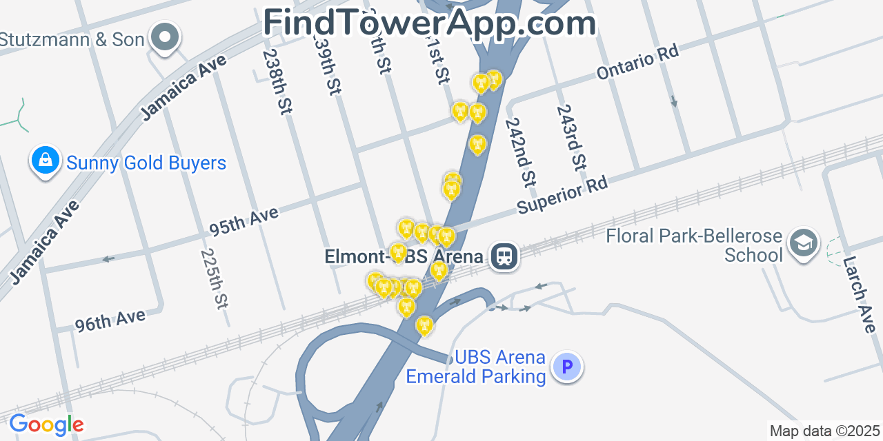 Map showing the 20 primary cell tower locations detected in Bellerose Terrace, New York from AT&T, Verizon, and T-Mobile networks