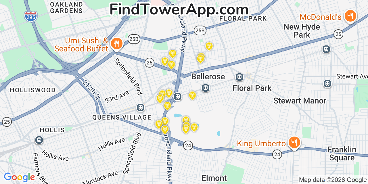 Map showing the 20 primary cell tower locations detected in Bellerose Terrace, New York from AT&T, Verizon, and T-Mobile networks